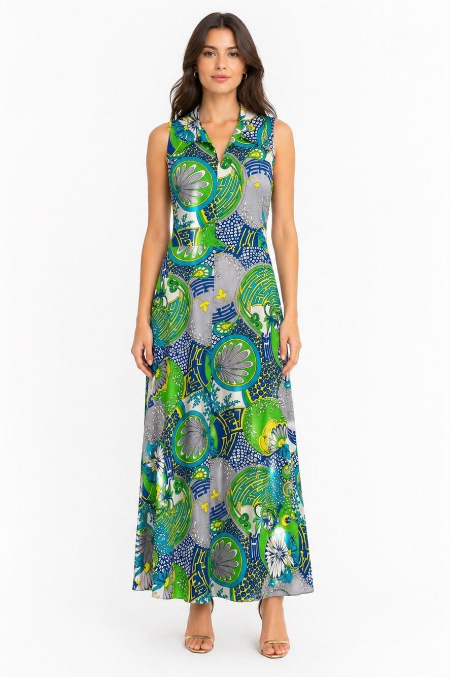 1970s Handmade Mod Maxi Dress Dagger Collar Psychedelic Print Blue Green Small